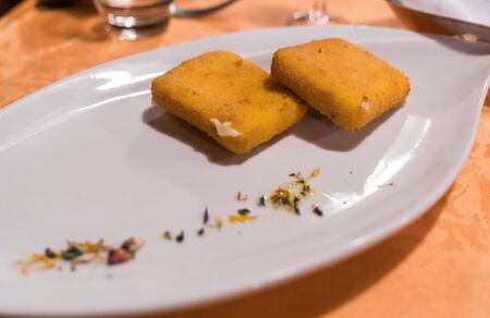 Deep fried mozzarella cheese on white plateの写真素材