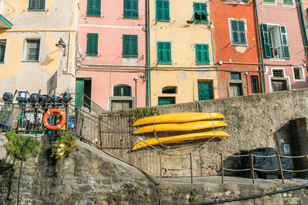 Riomaggiore, Liguria, Italy - October 05 2017: View of colorful building and houses in Riomaggiore, the fisherman village, in Cinque terre, Italy.のeditorial素材