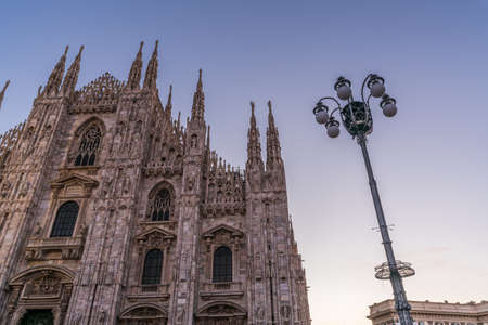 Close up of Duomo di Milano church in the early morning during sunrise, Milan Italy.のeditorial素材
