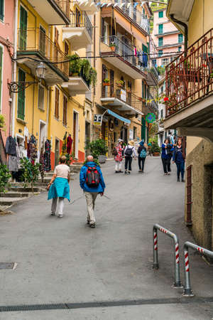 Tourists walking in local street in Vernazza fishing village in Cinque Terre National Park,La Spezia region, Liguria.のeditorial素材