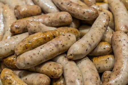 Pile of boiled bratwurst sausages.の写真素材