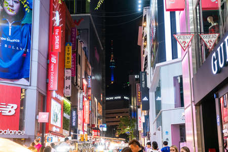 Seoul, South Korea - 30 June, 2018 : Crowded  night market in Myeongdong, the most popular shopping district for local and tourist in Seoul, South Korea.のeditorial素材