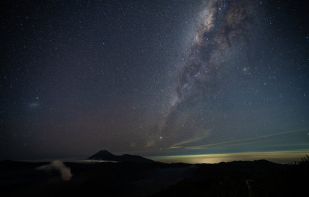 Star and Milky way over Bromo active volcano in Bromo Tengger Semeru National Park,  East Java,...