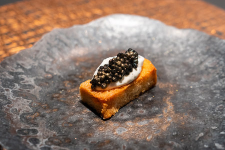 Luxury caviar toast with truffle cream sauce - closeup