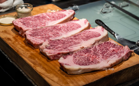 Fresh marbled wagyu beef  ribeye steak on wooden boardの写真素材