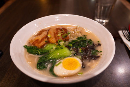 Tonkotsu ramen with soft Pork Belly ,boiled egg and baby bok choy.