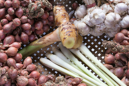 Thai spices on wooden basketの写真素材