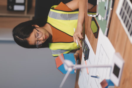 Female architect working at home She looked at the blueprint.の写真素材