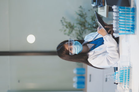 Group of dedicated scientist conduct chemical experiment in medical laboratory, carefully drop...