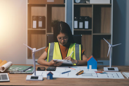 Female architect working at home She looked at the blueprint.の写真素材
