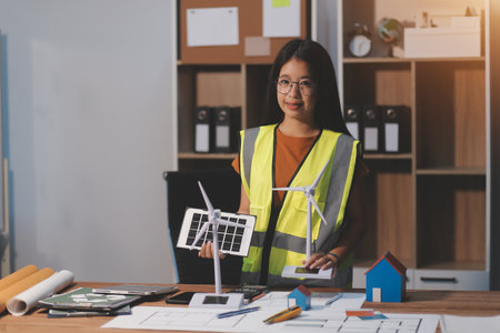 Female architect working at home She looked at the blueprint.の写真素材