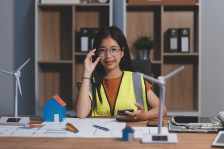 Female architect working at home She looked at the blueprint.の写真素材
