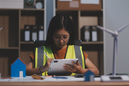 Female architect working at home She looked at the blueprint.の写真素材