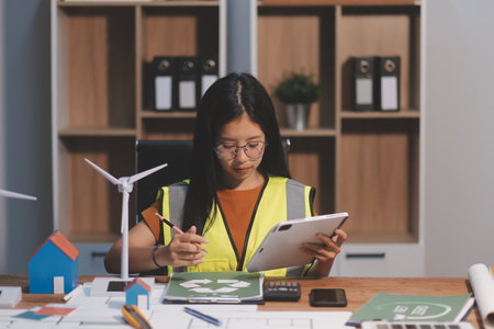 Female architect working at home She looked at the blueprint.の写真素材