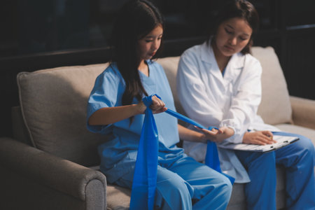 Physical therapist assisting a patient while giving exercising treatment on stretching her arm with exercise band in the clinic, Rehabilitation physiotherapy conceptの写真素材