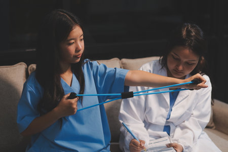 Doctor physiotherapist assisting a patient while giving exercising treatment on stretching her arm with exercise band in the clinic, Rehabilitation physiotherapy conceptの写真素材