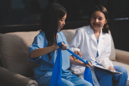 Physiotherapist assisting a patient while giving exercising treatment on stretching her arm with exercise band in the clinic, Rehabilitation physiotherapy conceptの写真素材