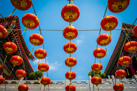 Chinese lanterns in temple at Bangkok, Thailandの写真素材