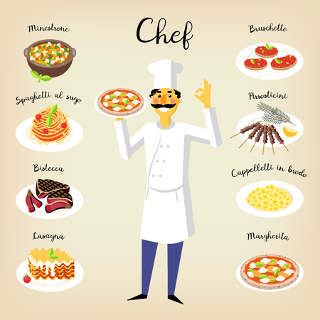 Vector illustration. Set flat style icons of traditional italian food. Cute cook with pizza margarita.のイラスト素材