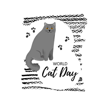 Vector illustration. Greeting card with text " World Cat Day". Cute character with lettering. Icon of british shorthair breed.のイラスト素材