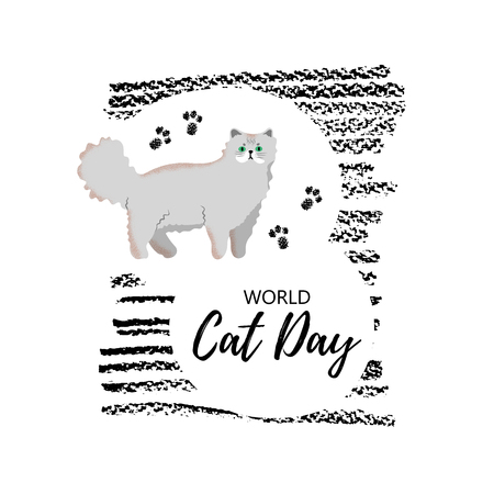 Vector illustration. Greeting card with text " World Cat Day". Cute character with lettering. Icon of persian breed.のイラスト素材