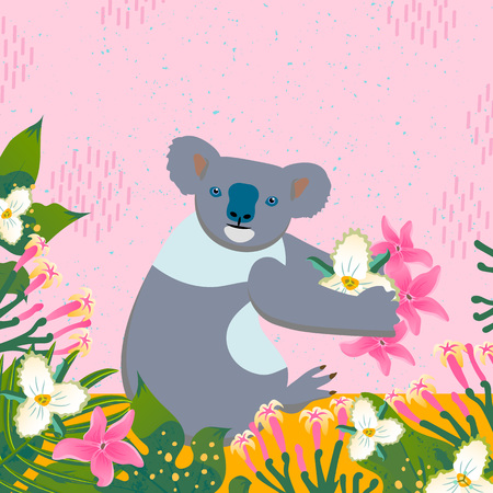Cartoon style icon of koala with tropic leaves and flowers. A cute character  for different design. Vector illustration.のイラスト素材