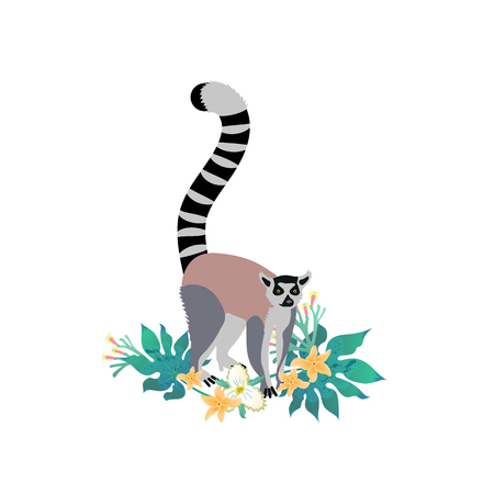 Cartoon style icon of lemur with tropical leaves, flowers. Cute character for different design. Vector illustration.のイラスト素材
