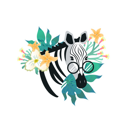 Cartoon style icon of cute zebra with glasses and tropical flowers, leaves. Funny portrait of the character for a different design. Vector illustration.のイラスト素材