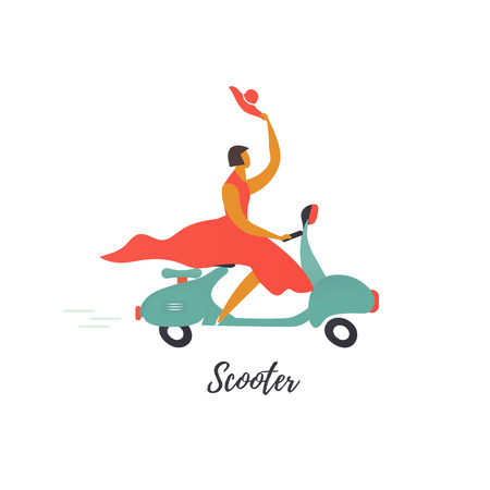 Retro transport and cute character. Woman travel by scooter. Vector.のイラスト素材