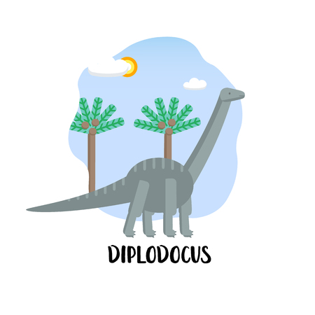 Diplodocus in the landscape. Flat icon of dinosaur. Vector.のイラスト素材