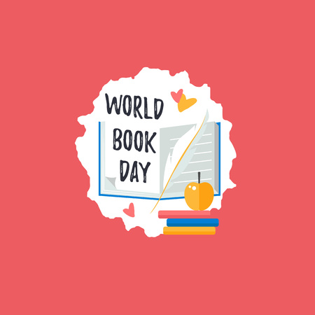 Design card for World Book Day. Quill pen, apple and books. Vector.のイラスト素材
