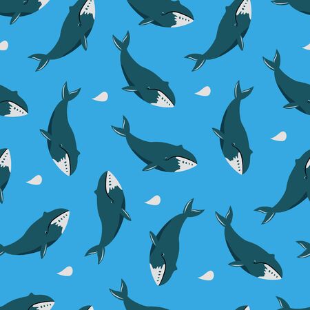 Seamless pattern with cute cartoon style icon of bowhead whale.のイラスト素材