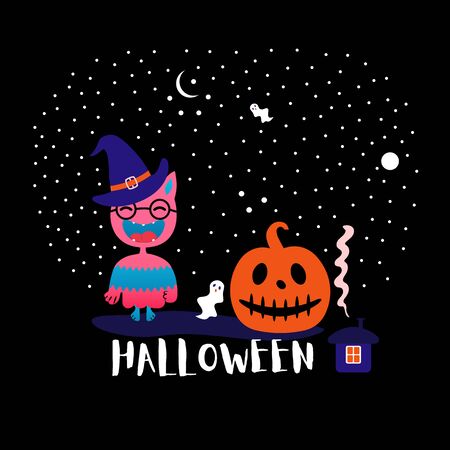 Halloween greeting card. Template banner with traditional elements cute monster, hat, evil pumpkin, ghosts for party.のイラスト素材