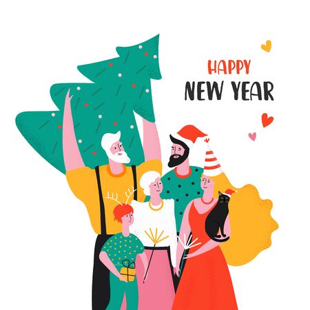 Design template card with family in New Year party. Cute characters celebrate together. Father, mother, son, grandfather, grandmother,のイラスト素材