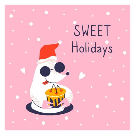 Greeting card with icon of cute mole. New year poster. Funny animal and cake. Sweet holidays.のイラスト素材