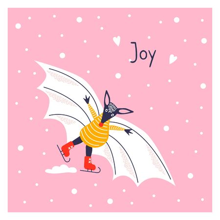 Greeting card with icon of cute bat. New year poster. Funny animal skating on ice. Joy.のイラスト素材