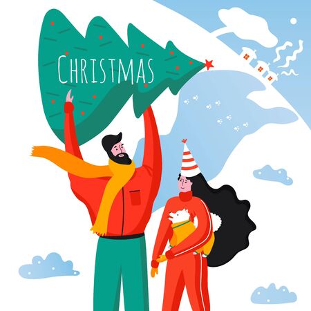 Merry Christmas greeting card with cute family and dog. Man, woman, spitz are traveling.のイラスト素材