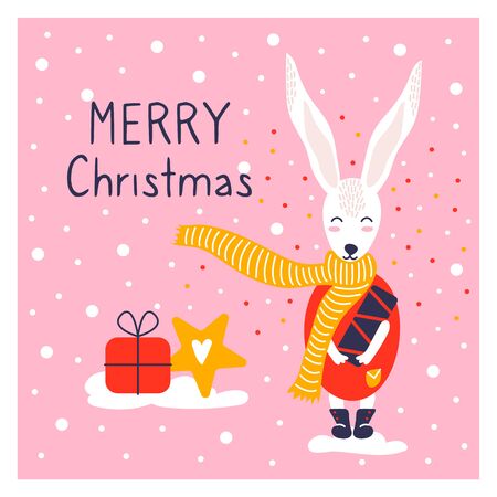 Greeting card with icon of cute rabbit bunny. New year poster. Funny animal and confetti. Merry Christmas.のイラスト素材
