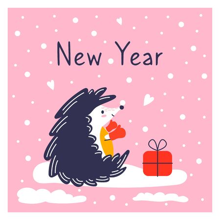 Greeting card with icon of cute hedgehog in mittens. Character hand drawn style on happy new year poster. Funny animal receives a gift.のイラスト素材