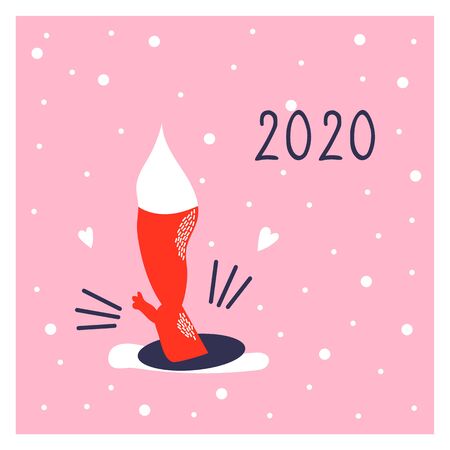 Greeting card with icon of cute fox. Character hand drawn style on happy new year poster. Funny animal jumping into a hole. 2020.のイラスト素材