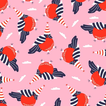 Seamless pattern with icons of bullfinch. Background and cute characters hand drawn style for new year print. Funny bird jumping in the snow.のイラスト素材