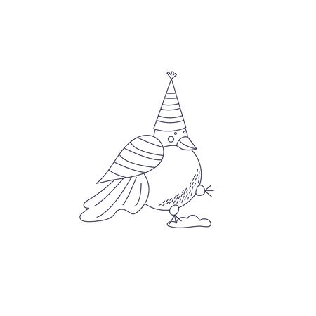 Icon line style of cute bullfinch for coloring book. Character for happy new year card. Funny bird jumping in the snow.のイラスト素材
