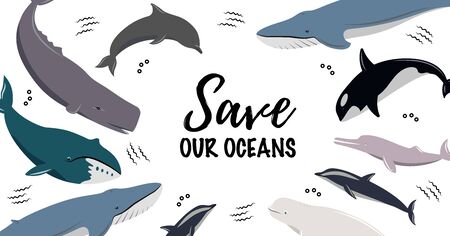 Banner with text Save Our Oceans. Icons of different whales and dolphins. Cute sea animals.のイラスト素材