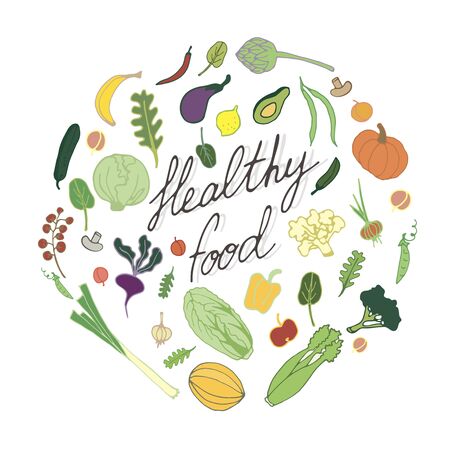 Healthy nutrition hand drawn illustration. Fruits, vegetables with handwritten lettering.のイラスト素材