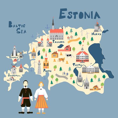 Illustration map of Estonia with nature, animals and landmarks. Flat vector illustration.のイラスト素材