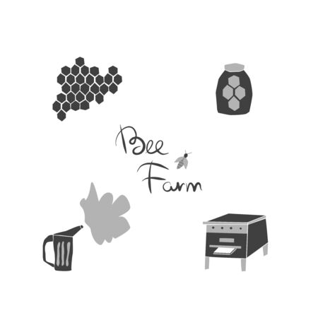 Beekeping hand drawn cartoon collection. Flat illustration of a beehive, apiary, honeycombs, bee, honey jar, smokerのイラスト素材
