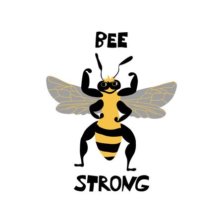Cute bee charater with lettering. Cartoon hand drawn insect in flat style with inscription Bee strongのイラスト素材