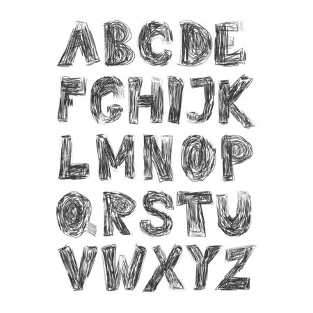 English alphabet vector, typography design. Background with set of decorative latin letters. Poster with scratched latin abc made in baby style. Hand drawn font.のイラスト素材