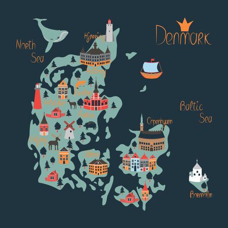 Vector stylized Illustrated map of Denmark. Travel illustration with danish landmarks and animals in...