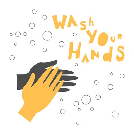 Wash your hands inscription calling for health care. Hygiene and infection protection poster. Vector illustration in flat style.のイラスト素材